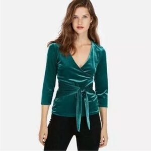 New Express One Eleven Ribbed Velvet Wrap Top Woodsy green teal Elphaba